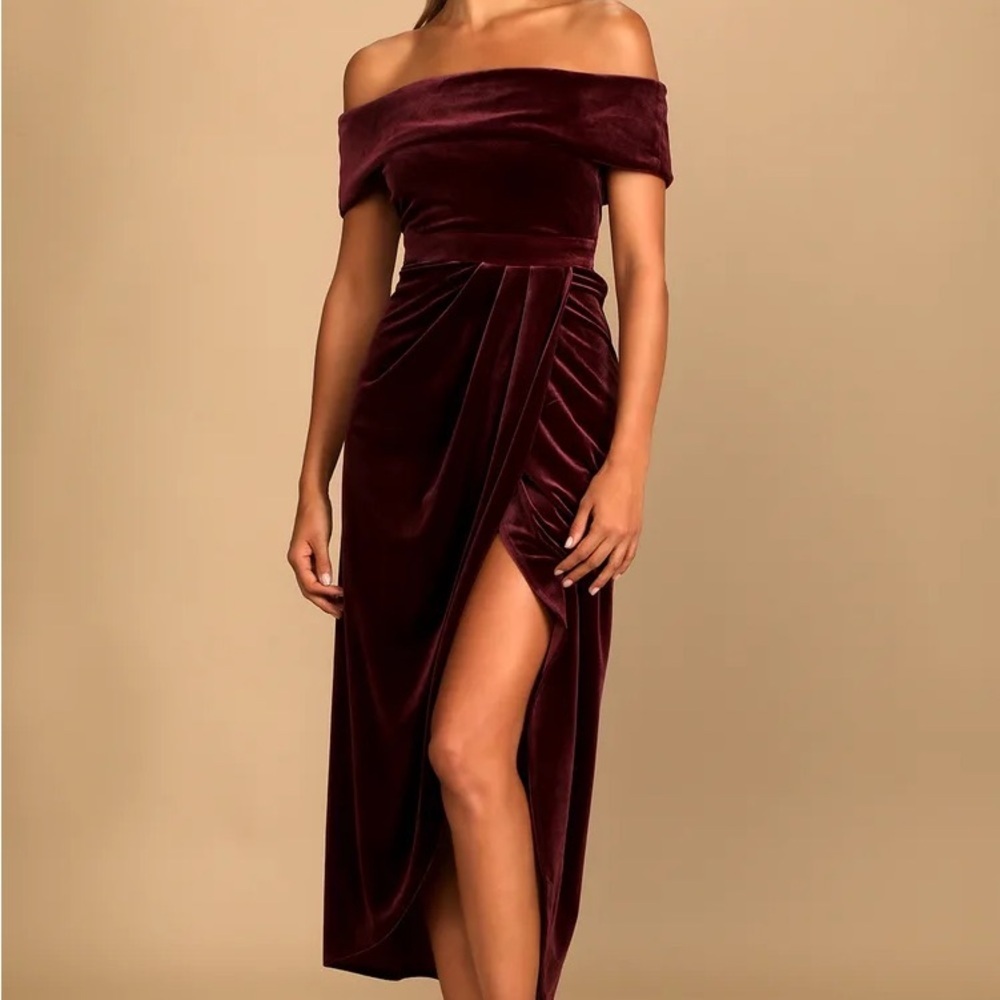 Lulus I'm Enchanted Burgundy Velvet Off-the-Shoulder Maxi Dress XL - Picture 5 of 5